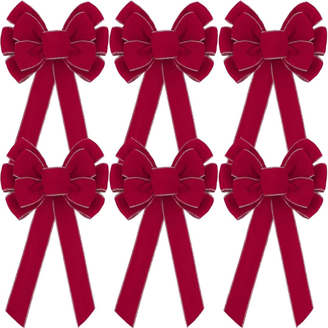 Lenwen 6 Pcs Large Christmas Bows Velvet Christmas Wreath Bows Xmas Tree Topper with Golden Edge Big Xmas Ornament for Wreath Gift Front Door Home Decor (11 x 19.6 Inch,Burgundy)