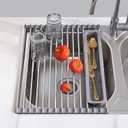 Roll Up Dish Drying Rack, Expandable 304 Stainless Steel Portable Drainer for Kitchen Sink Counter, Foldable Over The Sink Cover with Removable Utensil Holder(12.8"-23.3") (Gray)
