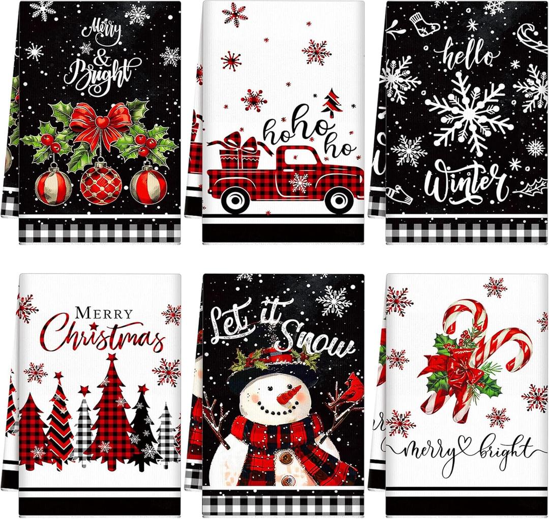 6 Pcs Christmas Kitchen Towels Red Black Buffalo Plaid Tea Dishtowels Christmas Tree Snowman Truck Bathroom Hand Towels for Holiday Xmas Kitchen Farmhouse Housewarming Gift(Snowman)