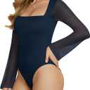 MANGOPOP Women's Square Neck Bell Sleeve Bodysuit Mesh Double Lined Body Suits Trend Going Out Tops Fall Outfits 2025, L