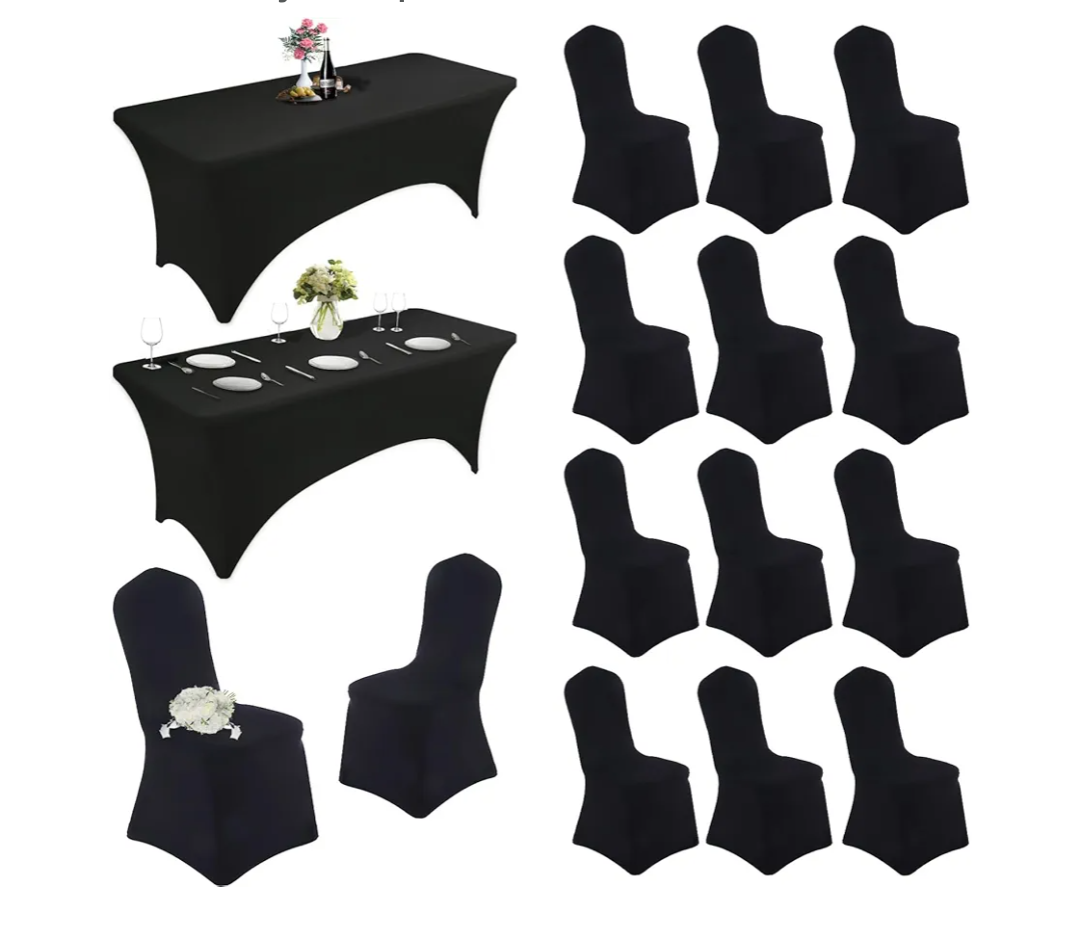 1 Pack Spandex Table Cloth & 13 Chair Covers - Black