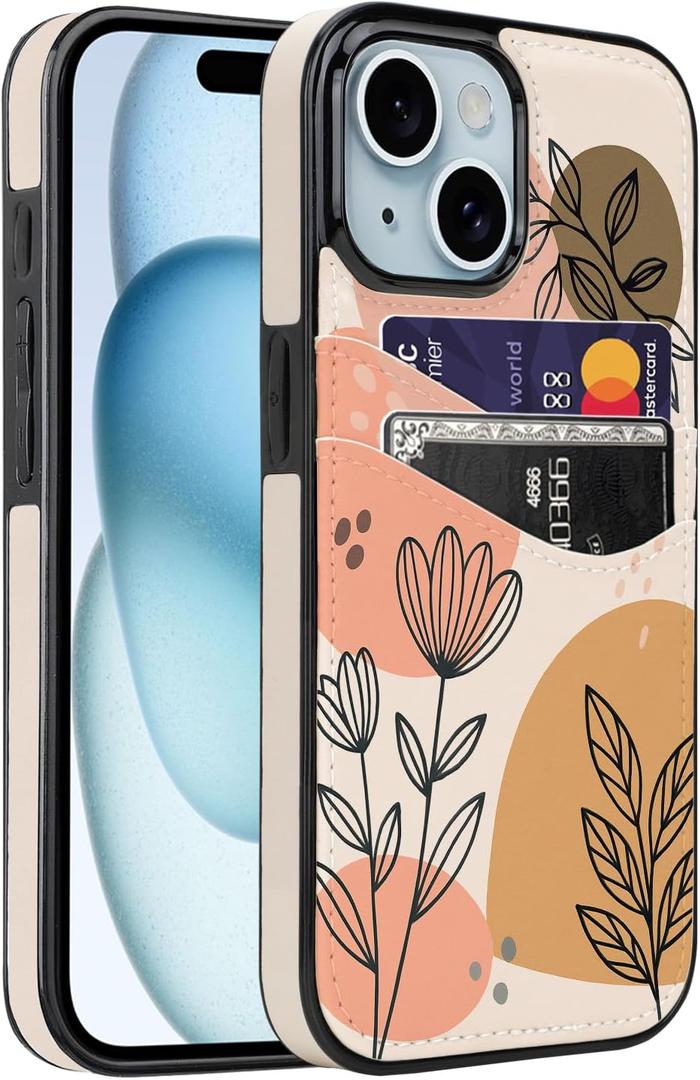 Compatible with iPhone 15/14/13 Wallet Case for Card Holder Leather Slot Shockproof Soft Cover Case for Women Girls (Beige Floral, iPhone 13/14/15 6.1 inch)