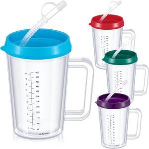 4 Pcs 20 oz Hospital Water Cup with Straw and Lid Insulated Double Walled Elderly Water Bottle Hospital Carafe Mug with Handle Graduated Plastic Drinking Sippy Cup for Adult(Mixed Color)