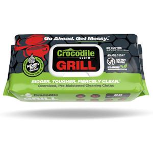 Crocodile Cloth Grill - 80 (15" x 10") Plant-based Cleaning Wipes. Safe on Skin & Multiple Surfaces. Infused with Aloe & Vitamin E. Large, Pre-Moistened & Absorbent.