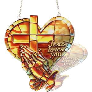 Christian Suncatcher Stained Glass, Christian Suncatcher for Women, Cross Suncatchers for Windows Hanging (Heart Shape)