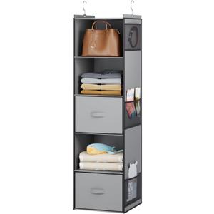 YOUDENOVA Hanging Closet Organizer, 5 Tier Hanging Closet Shelves with 6 Side Pockets and 2 Drawers, Light Grey