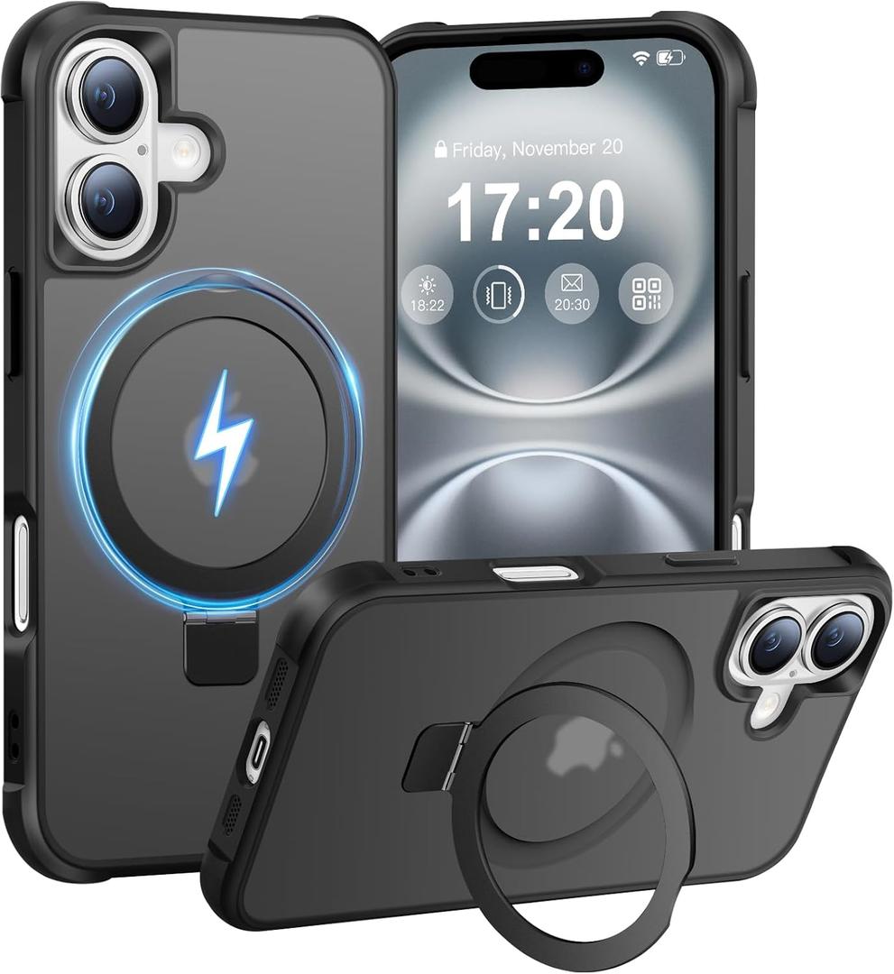 Magnetic Ring Stand Case for iPhone 16, Black | 120° Opening Angle, N52 Magnetic Grip, Full Drop Protection—Hands-Free Stand for Video Calls and More