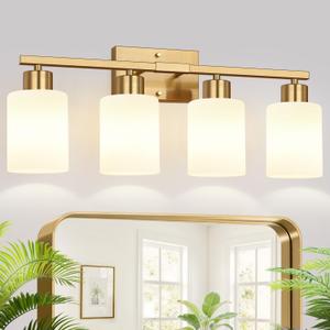 4-Light Bathroom Light Fixtures, Brushed Gold Vanity Light with Milky White Frosted Glass Shades, Modern Bathroom Vanity Light for Mirror, Bedroom, Hallway, or Living Room