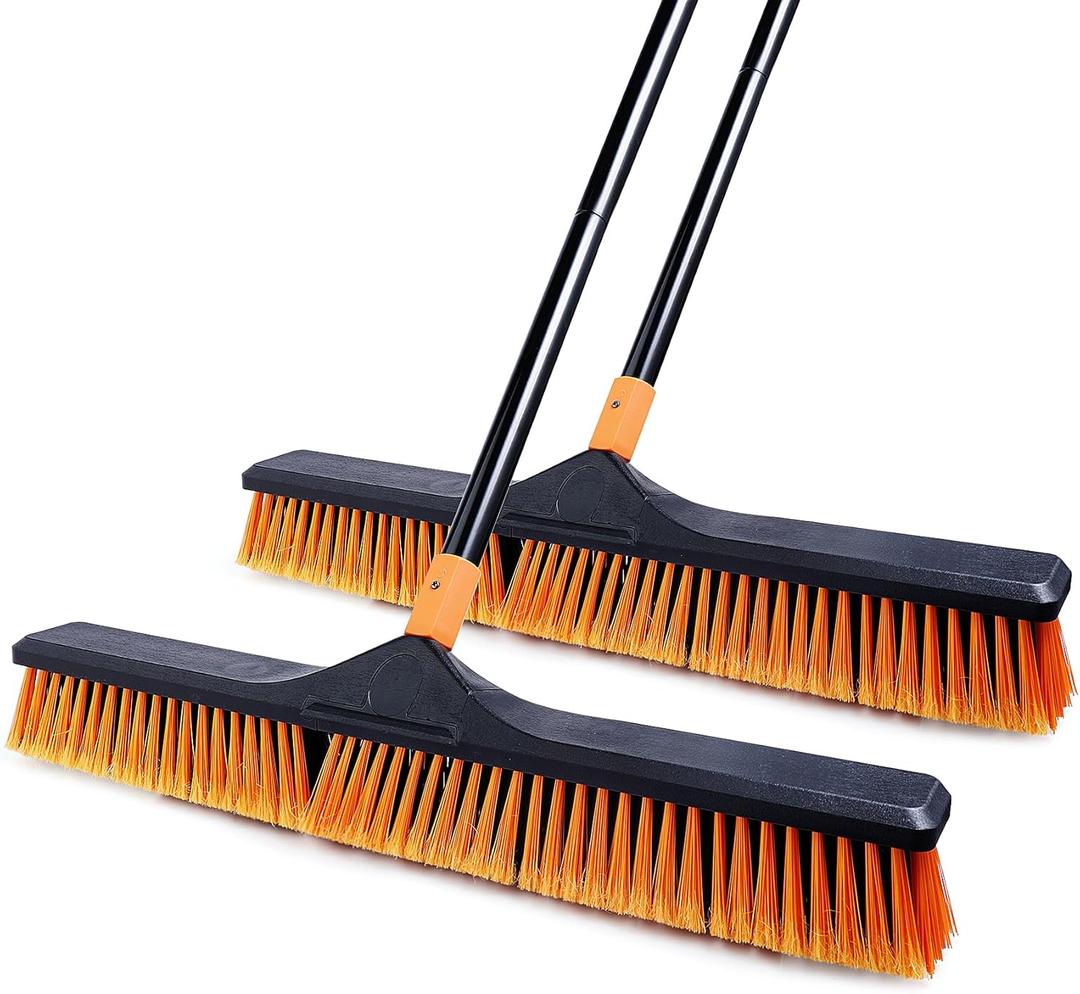 CLEANHOME 24Push Broom Brush for Floor Cleaning with 65 Long Handle and Stiff Bristles, Heavy Duty Brush for Shop, Deck, Garage, Concrete,Indoor and Outdoor Broom 2 Set,Orange