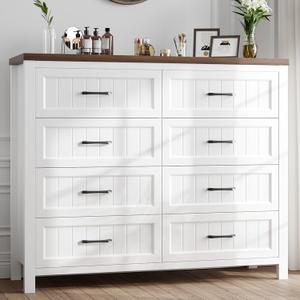Jocoevol 8 Drawer Dresser for Bedroom with Deep Drawers, Large Wooden Double Farmhouse Dresser Chest of Drawers for Living Room, Hallway, Entrywa  White & Brown
