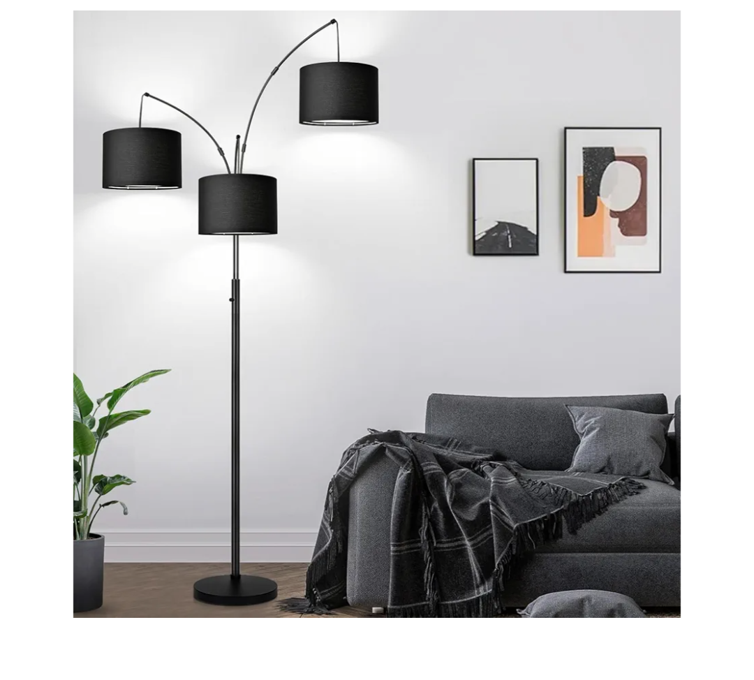 Dimmable Floor Lamp  3 Lights Arc Floor Lamps for Living Room, 1000LM Modern Tall Standing Lamp With Black Shades & Heavy Base, Mid Century Tree Floor Lamp for Bedroom Office, 3 LED Bulbs Included