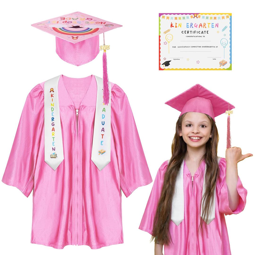 Kindergarten graduation cap and gown with 2026 Tassel, Certificate for Toddler Children (27"-33") (Pink)