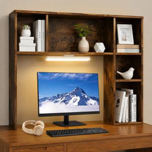 3 Tier Desktop Bookshelf with Rechargeable Eye-Friendly LED Desk Light, Desk Hutch Organizer with 5 Shelves, Wooden Desk Bookshelf for Office, Dorm and Small Space, Brown, Large