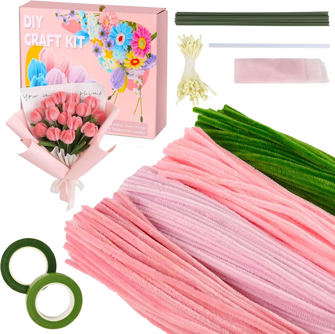 Muyuguit 400 Pcs Pipe Cleaners Craft Kit,Pink Pipe Cleaners Bulk for DIY Flower Bouquet,Multicolors Chenille Stems with Floral Wires, Gardening Tape, Stamen & Ribbon