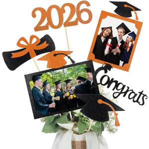 Qinyoung 2026 Graduation Decorations 30 Pcs Glittering Graduation Centerpiece for Tables Sticks Class of 2026 Grad Photo Centerpiece Party Decoration for Table Toppers(Orange)