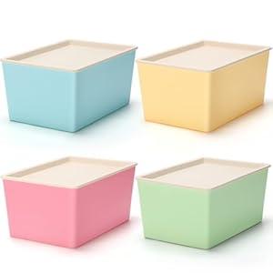 Menkxi 4 Pcs Storage Bins with Lids Plastic Stackable Containers for Organizing Shelves Christmas Ornament Box Baskets(Red, Green, Yellow, Blue,Small)