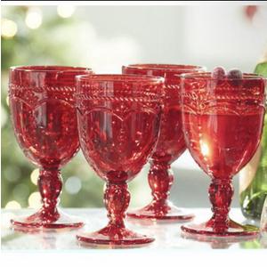 Red Vintage Wine Glasses Set of 4, 10 Ounces Colored Glass Water Goblets, Unique Floral Embossed Pattern High Clear Stemmed Glassware Wedding Party Bar Drinking Cups Fancy Glasses Hand Wash Only