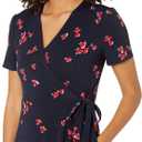 Amazon Essentials Women's Short Sleeve Faux-Wrap Dress (XX-Large, Navy Red Flowers)