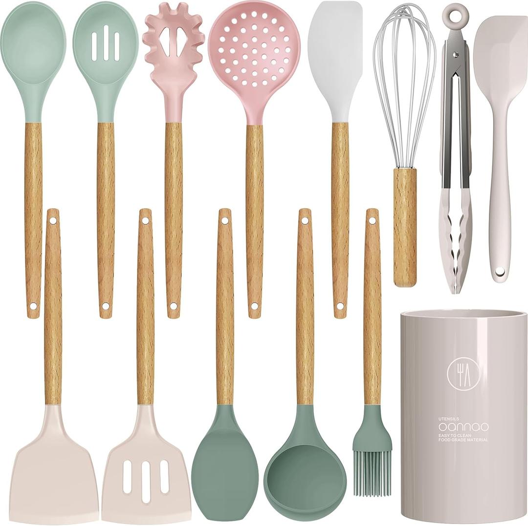 Silicone Cooking Utensils Set - 446F Heat Resistant Silicone Kitchen Utensils for Cooking,Kitchen Utensil Spatula Set w Wooden Handles and Holder, BPA FREE Gadgets for Non-Stick Cookware (Colorful)