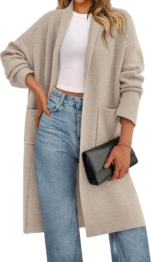 PRETTYGARDEN Long Sleeve Lapel Open Front Cardigan Sweaters for Women Trendy 2026 Oversized Spring Sweater Long Ladies Coats (Large, Beige Grey)