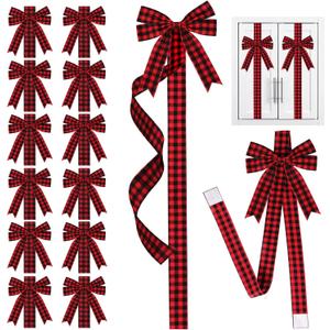 12Pcs Christmas Cabinet Ribbons Bows Decorations Red Large Knob Covers Easy to Install Kitchen Door Ribbon and Bows for Fireplace Festive Decor Xmas Tree Wreath Party Supplies(Buffalo Plaid)