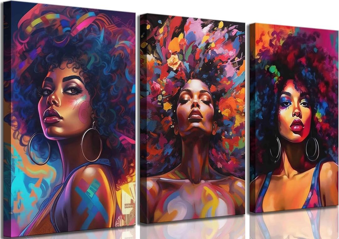 3Pcs African American Women Canvas Wall Art Colorful Graffiti Afro Girl Painting Modern Abstract Aesthetic Pictures Wall Decor Posters Print Artwork for Living Room Bedroom Home Decoration, 16x24in