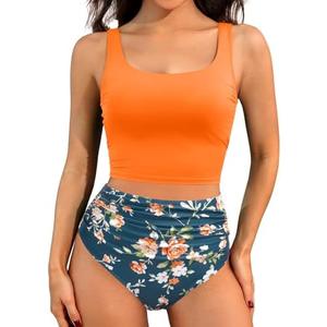 Women Two Piece Tankini Swimsuits - Crop Swim Top with High Waisted Bottom Tummy Control Bathing Suits Swimwear, XL