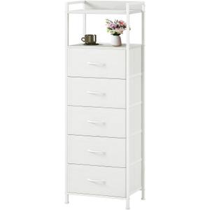 Somdot Tall Dresser for Bedroom, 5 Drawers Nightstand Vertical Storage Tower Unit, Night Stand Furniture with Fabric Drawer Organizer in Bedside Hallway, Entryway, Kids Room, Closet, White Leather, 11.4"D x 15.2"W x 42.1"H