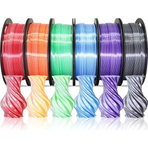 MIKA3D Dual Color 1.75mm 3D Printer Filament Bundle, Silk PLA 6 Spools Pack - White Red, Orange, Green, Blue, Purple, Black - 3D Printing PLA 250g X 6 Spools