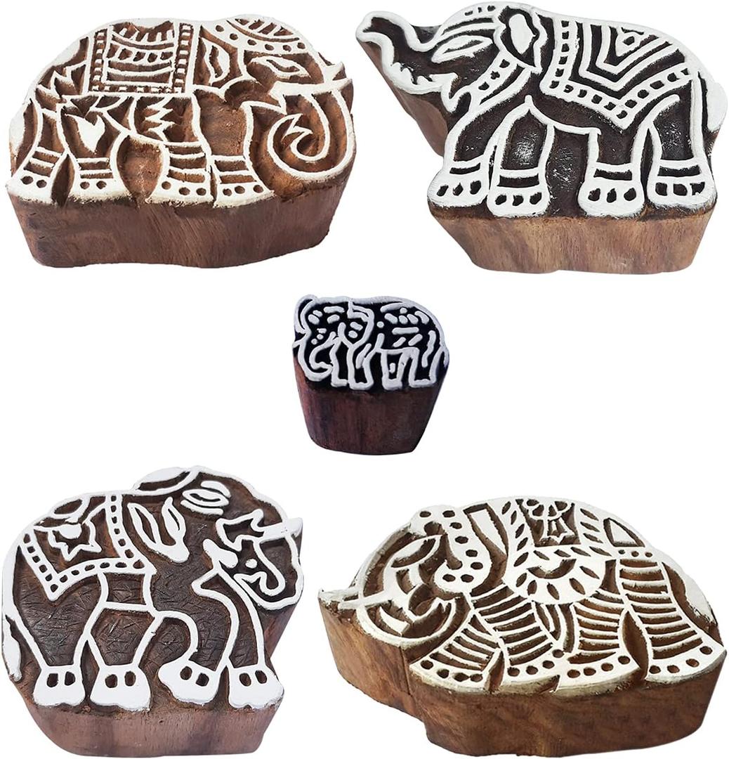 Royal Kraft Elephant Wooden Printing Stamps (Set of 5) - DIY Henna Fabric Textile Paper Clay Pottery Blocks Htag2201