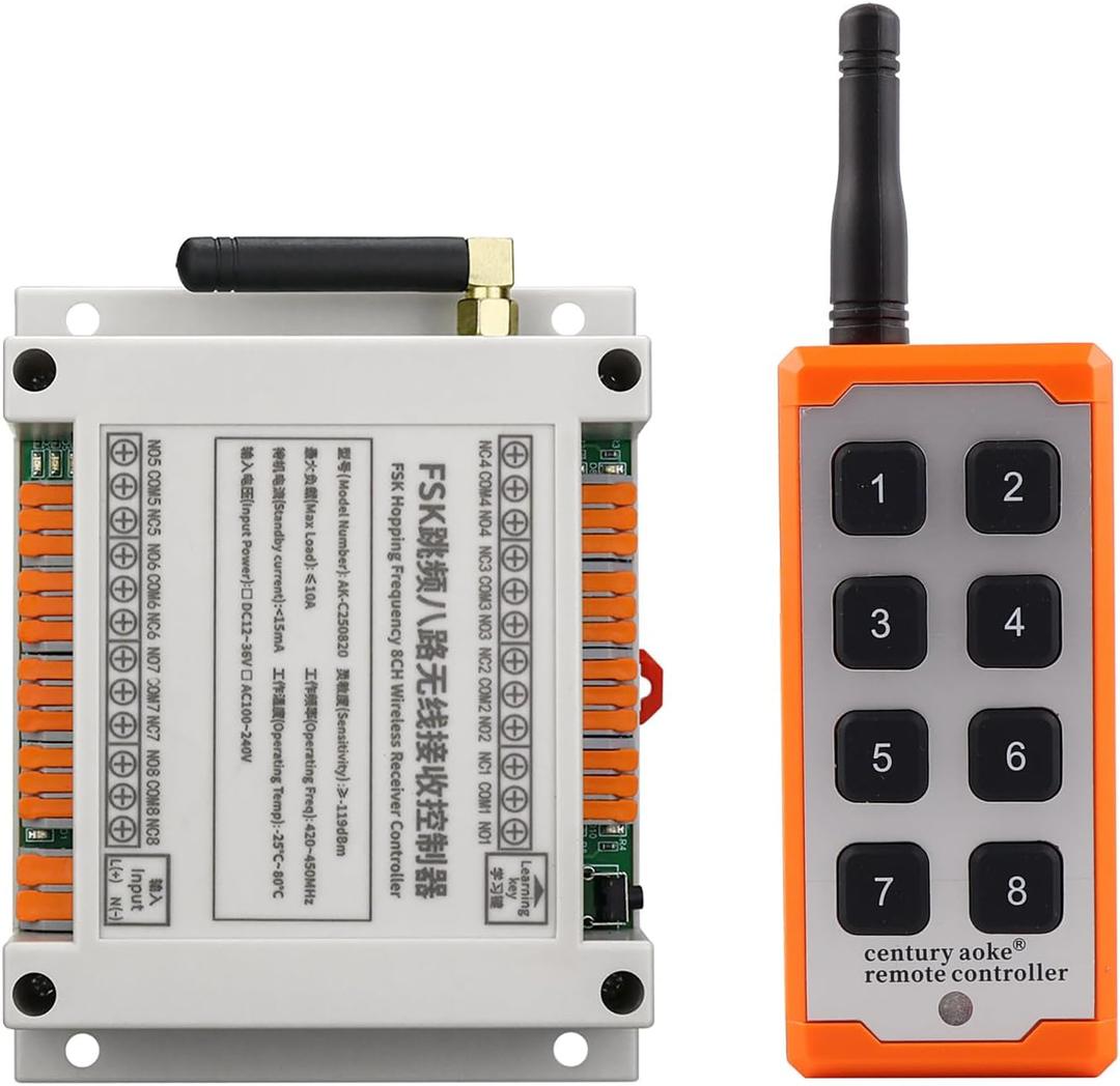 DC 12V 24V 36V 8CH Wireless Remote Control Switch,Quick Connector Wire Terminal,433Mhz 10A 8 Channels Relay Remote Switch Industrial Control for Garage Door Motor Opener (DC 12V~36V/ 1 x Controller)