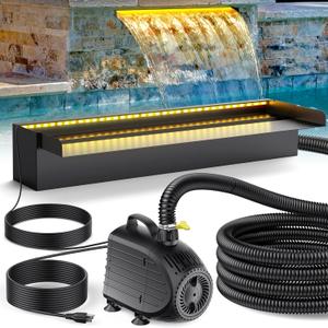 POPOSOAP 24Inch Pond Waterfall Spillway with Warm LED Light,304 Stainless Steel Waterfall Kit with 80W 1200GPH Pump & 9.8FT Corrugated Tube for Garden Decor Indoor/Outdoor Pond (24inch-Corded Electric)