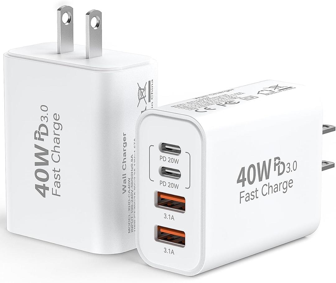 USB C Wall Fast Charger Block, 40W 4-Port Type C Charger Fast Charging Blocks PD Power Charger Adapter+QC 3.0 USB Multiport Charger Brick for iPhone 17/16/15/14/13/12 Pro Max, iPad, Galaxy S25-2Pack