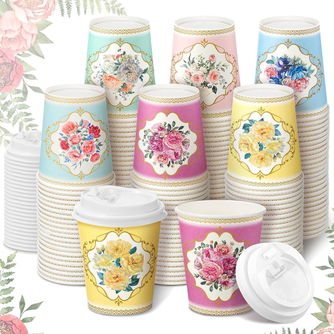 Karenhi 36 Pack 9 oz Floral Paper Cups Bridal Shower Vintage Tea Cup Wedding Disposable Coffee Mugs with Lids for Women Girls Tea Party Decorations Baby Shower(Retro)