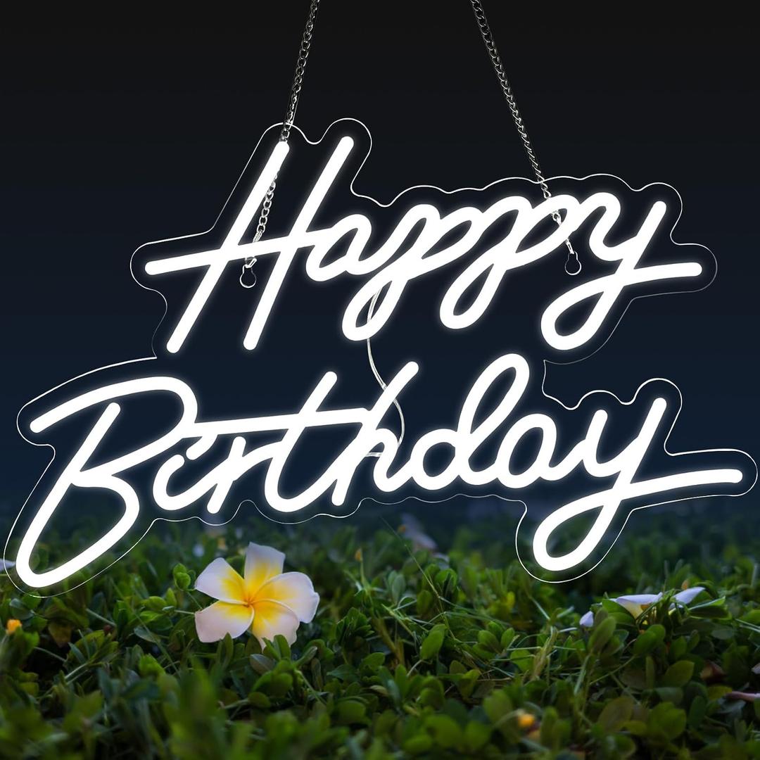 Happy Birthday Neon Sign for Wall Decor, LED Happy Birthday Light Up Sign, USB Powered Dimmable Neon Light for Birthday Party Decorations Backdrop, White