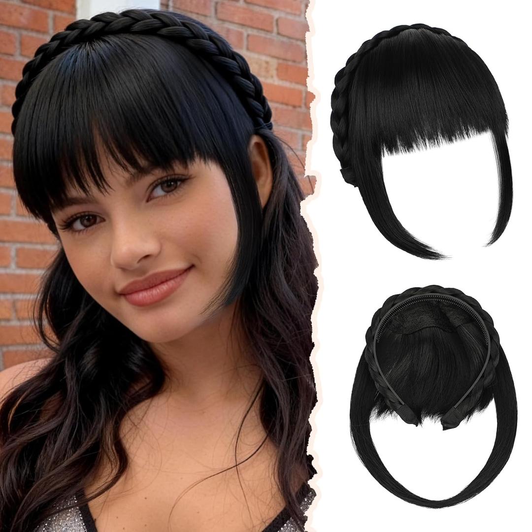 Braided Headband with fake Bangs Fringe Hairpieces Synthetic Hair Band Bangs for Women Dark Black