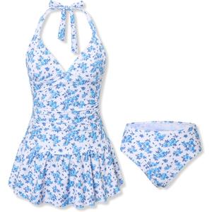 7-16 Years Teen Girl Swimsuit Halter Neck Two Piece Cover Up Skirt Bathing Suit Beach Swimwear for Girls (White, XS)