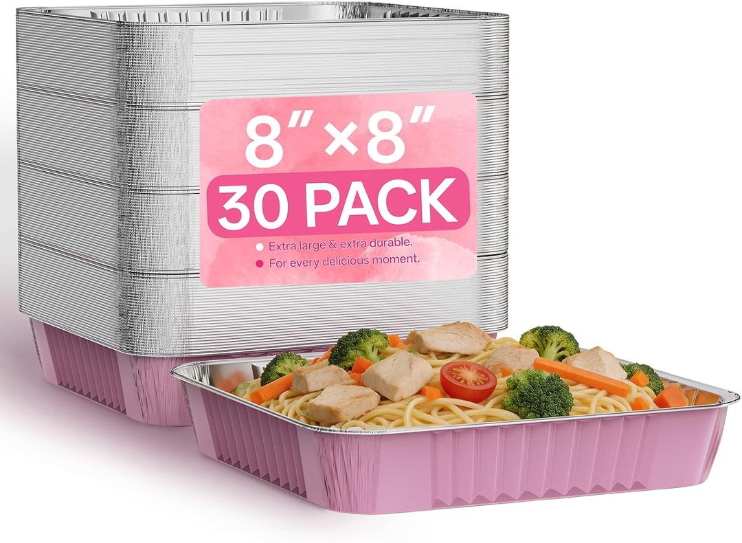 8x8 Aluminum Disposable Foil Baking Pans (30 Pack) - Pink Square Non-Stick Tin for Birthday Parties, Wedding Events, Cake, Cookie, Muffin, Brownie Baking