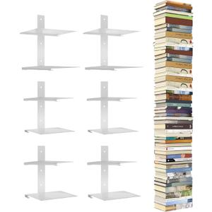 Invisible Floating Bookshelves for Wall - 12 Tier Vertical Spine Book Tower, Heavy Duty Floating Book Shelves Metal Book Organizers for Home Office, 6 Pack White