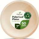 Chic Leaf 7 Inch Palm Leaf Plates, 50 Pack - Heavy Duty Compostable Disposable Appetizer Plates - Bamboo Style Round Dessert Tableware for Weddings, Parties & Picnics - Microwave Safe