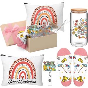 Skylety 5 Pcs School Custodian Gifts for Women 16 oz Glass Cup Socks Cosmetic Bag Badge Holder School Custodian Appreciation Gift Box for Thank You Janitor Staff Cleaning Lady