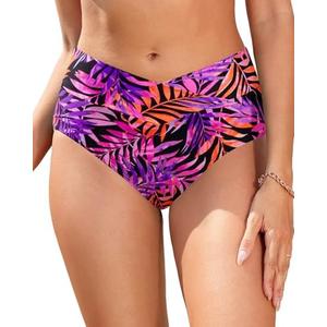 Women V Cut Full Coverage Bikini Bottom - High Waist Swim Bathing Suit Bottoms Cross V Front Swimsuit L