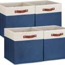 Temary Fabric Storage Bins for Cube Organizer 4 Pack Cube Storage Bins 13 Storage Cubes for Shelves Storage Baskets for Organizing Books, Clothes, Towels (White & Blue, 13x13x13 Inch)