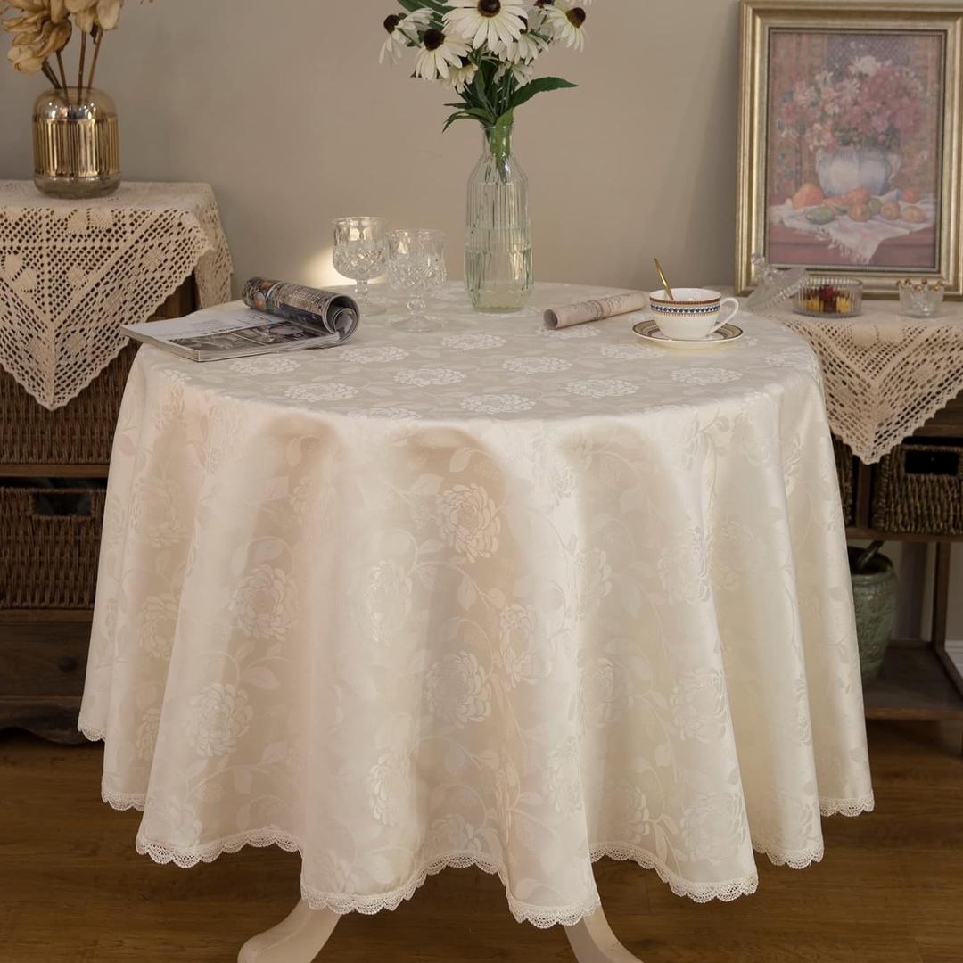 GLORY SEASON Round Tablecloth Waterproof Spillproof Lace Trim Table Cloth for Wedding Kitchen Dinning Tabletop Decoration,Table Cover for Outdoor and Indoor, 90 Inch Round, Ivory White