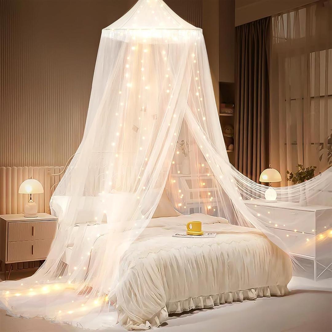 Bed Canopy with Lights, Bed Canopy for Girls Princess with Luminous Stars, Canopy Bed Curtains for Twin Size Bed, Baby Kids Adult Indoor Decor Bedroom Reading Nook Outdoor Camping, White (433"W x 110.2"L (Pack of 1))