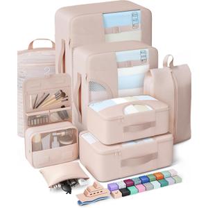 Veken 8 Set Packing Cubes, Cruise Ship Travel Essentials Accessories for Beach Vacation, Personalized Gifts for Women Mom Her, Suitcase Organizer Bags for Luggage with Hanging Toiletry Bag (02 Cream)