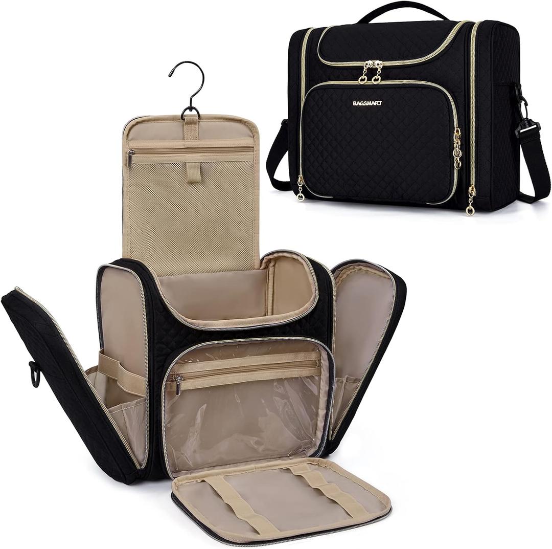 BAGSMART Travel Toiletry Bag with Jewelry Organizer, Hanging Travel Bag for Toiletries, Puffy Makeup Cosmetic Bag Organizer, Carry-on Travel Accessories Essentials, Black-L