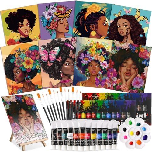 Cholemy 36 Pcs Paint and Sip Kit for Adults 8''x10'' Pre Drawn Canvas for Painting DIY Afro Acrylic Painting Kit Wood Easel Brushes Date Night Bulk for Mother's Day Party Gifts(Flowers Woman)