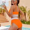 Blooming Jelly Women High Waisted Bikini Sets Tummy Control Swimsuits Color Block Two Piece Drawstring Bathing Suit (Orange, L)