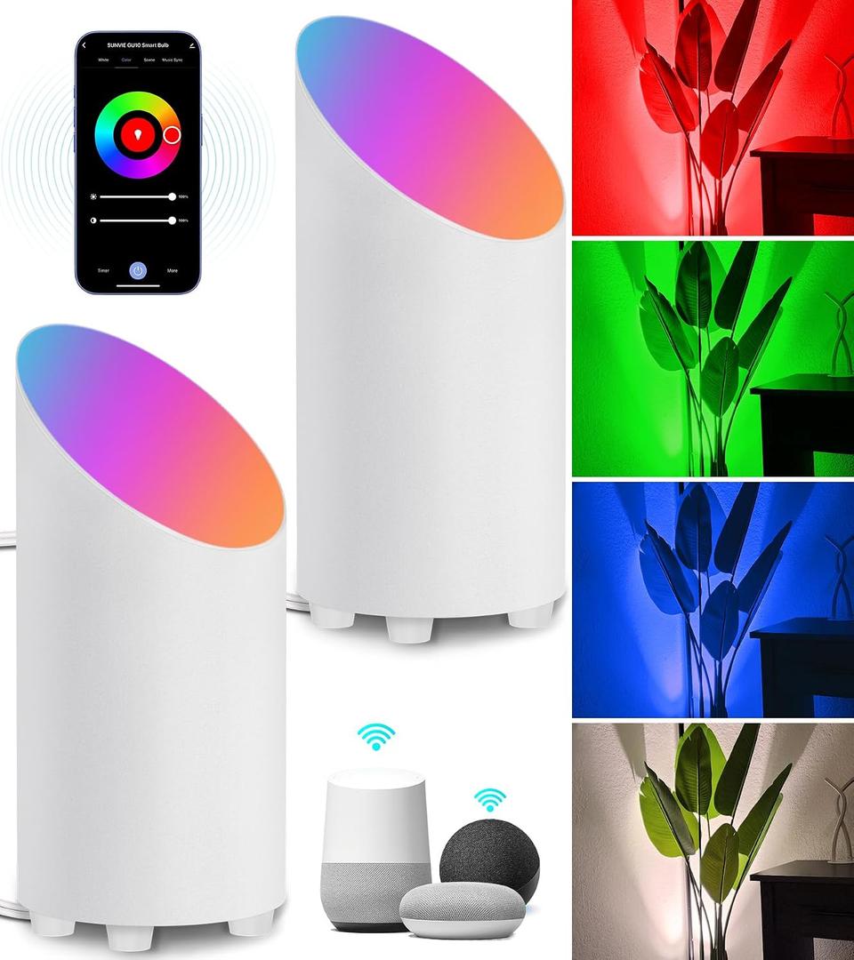 SUNVIE Smart Floor Can Light 5W RGBW Color Changing Up Lights Indoor with Timer 2700K-6500K Floor Spotlight Dimmable Uplighting Indoor Uplights for Plant Corner, APP Control Alexa & Google Home, White, 2PCS